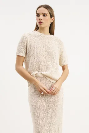 Crochet Knit Relaxed T Shirt - Cream LayeredCollar