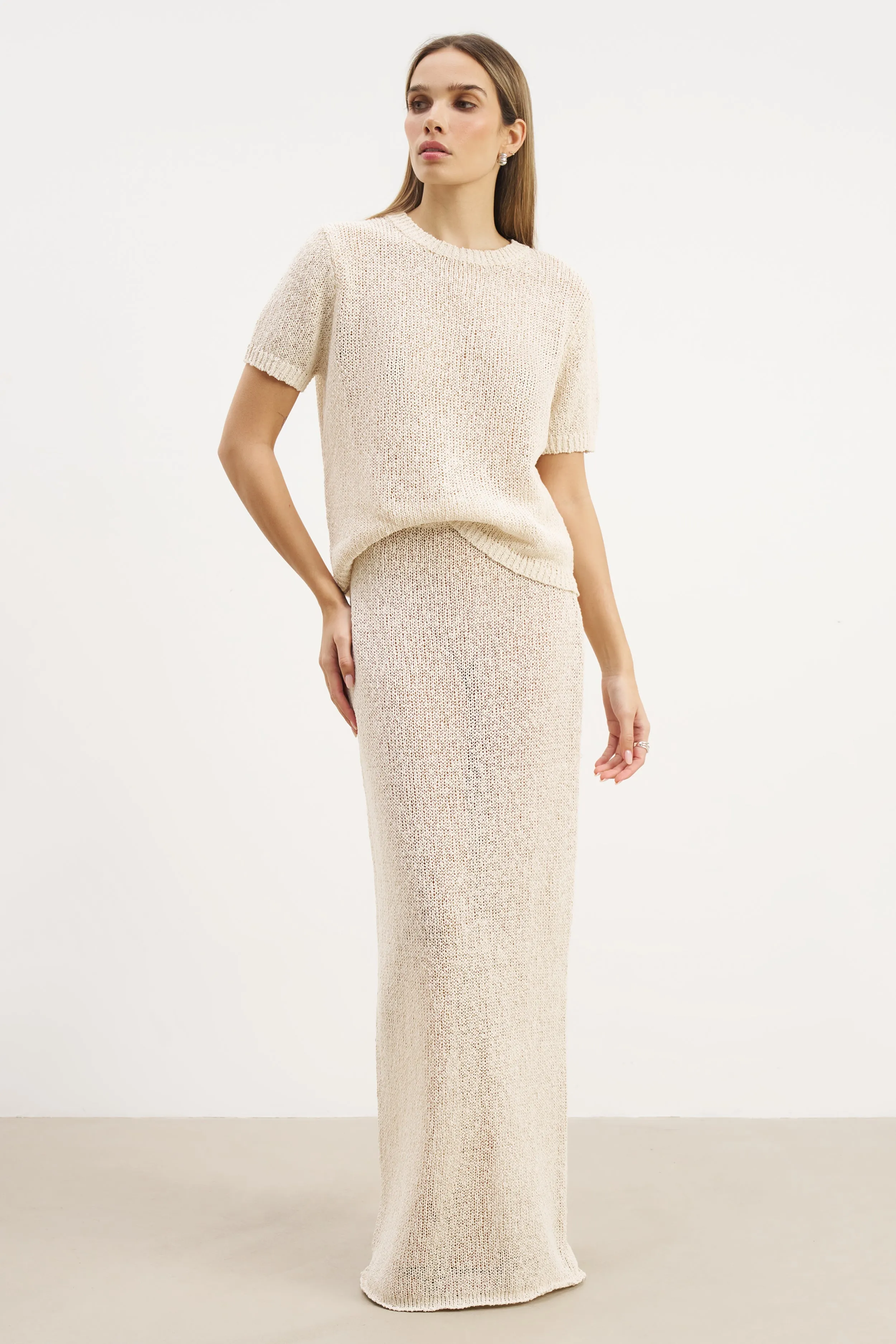 ButterSoft Handfeel Crochet Knit Relaxed T Shirt - Cream