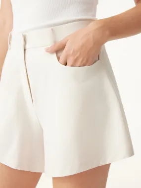 ReflectiveTrim Tencel-Linen Mid Rise Fly Front Flared Shorts with Pockets