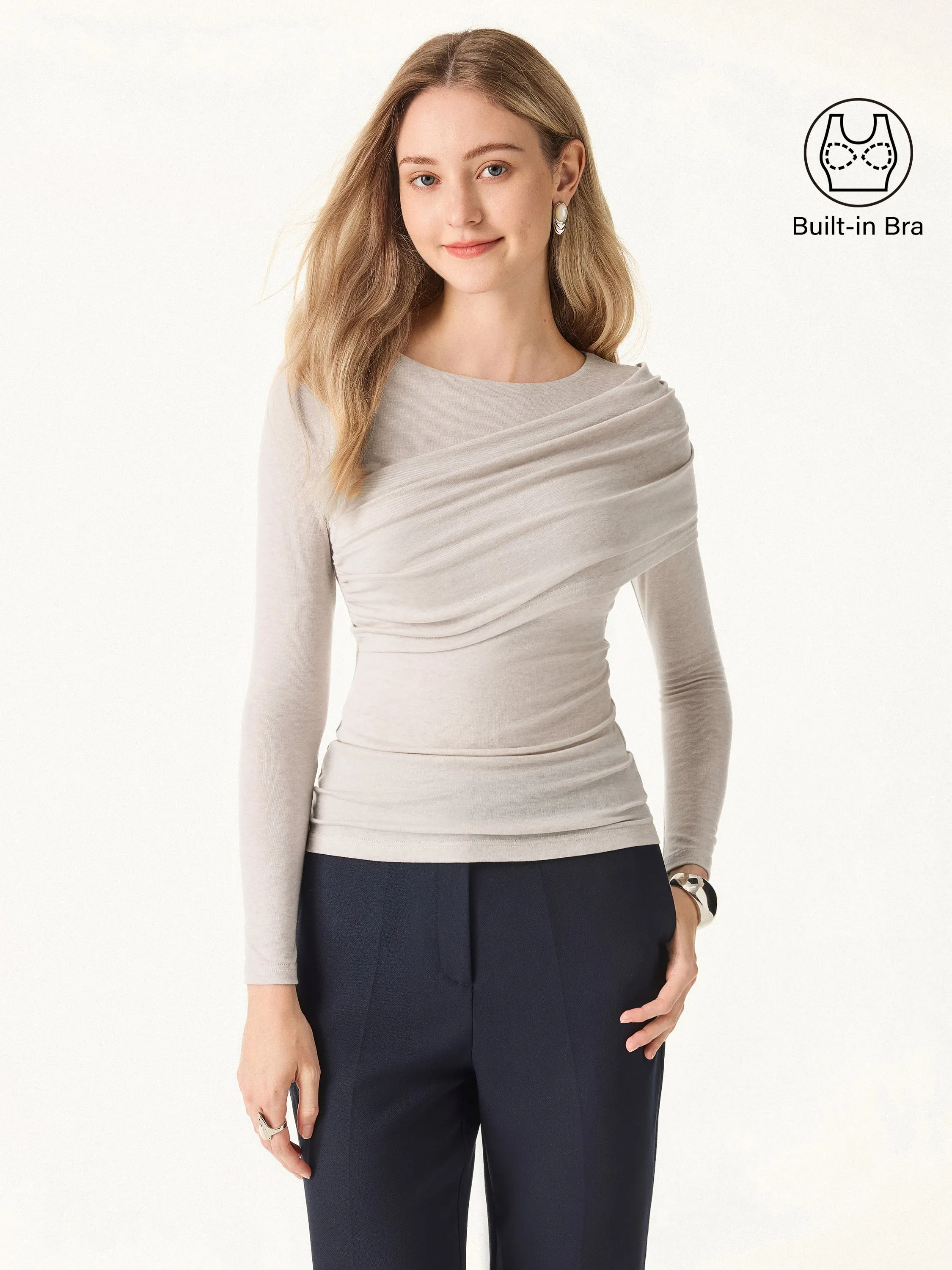 Tencel-Wool Gathered Long Sleeve Brami Top PolishedFinish Flexible Ribbed Cuffs
