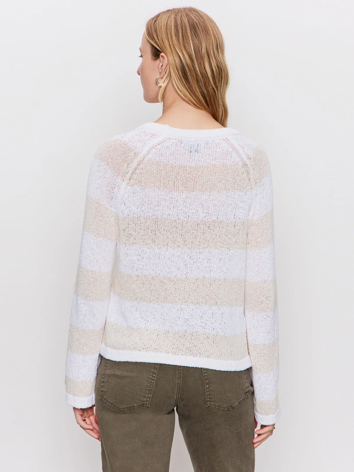 Textured Raglan Crew Sweater White/ Light Oat Stripe EcoCertified Material CompactSize