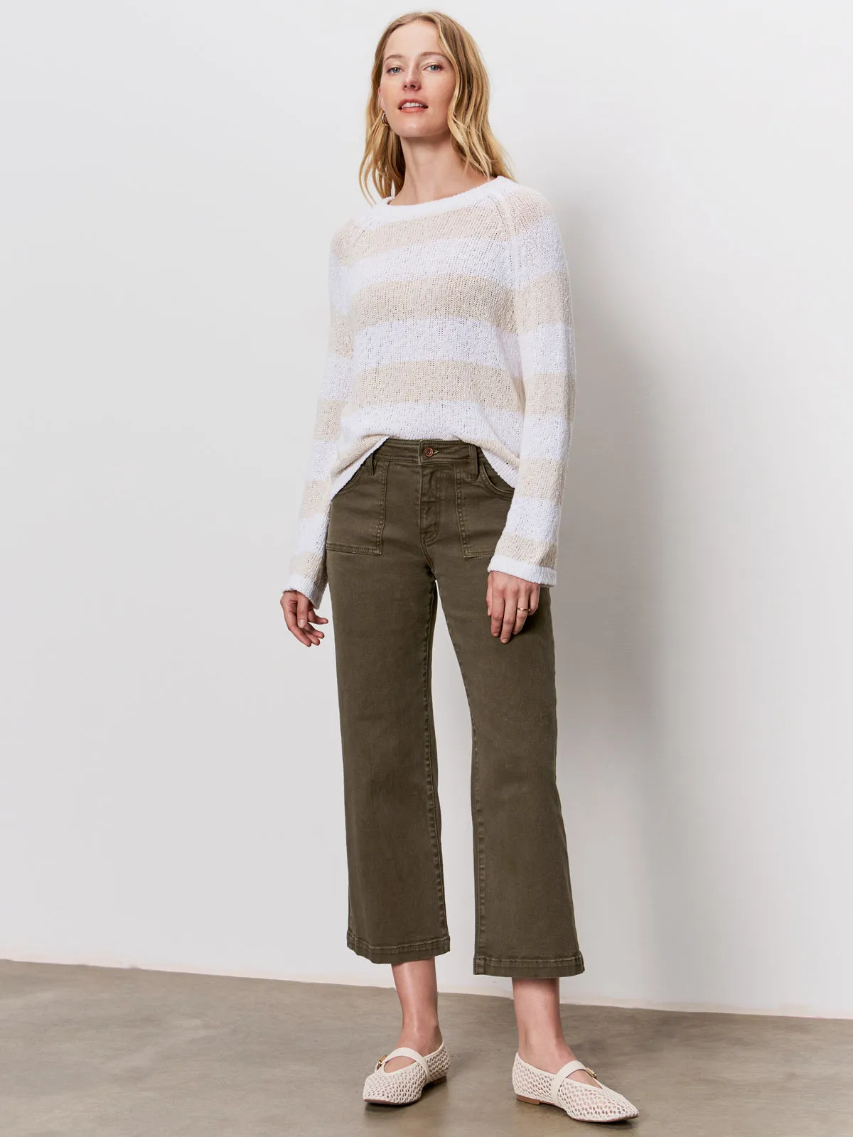 Lightweight Material Non Restrictive Swim Textured Raglan Crew Sweater White/ Light Oat Stripe