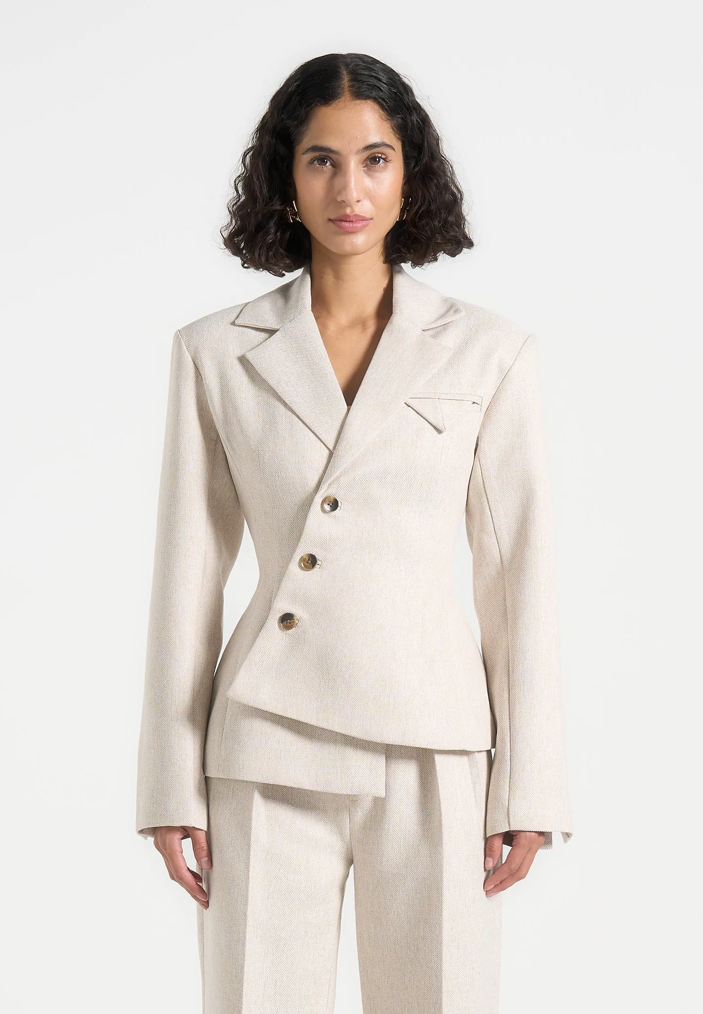 Sleek Tailoring Wear All-purpose fit Thalia - Tailored Asymmetric Double Breasted Blazer - Light Beige