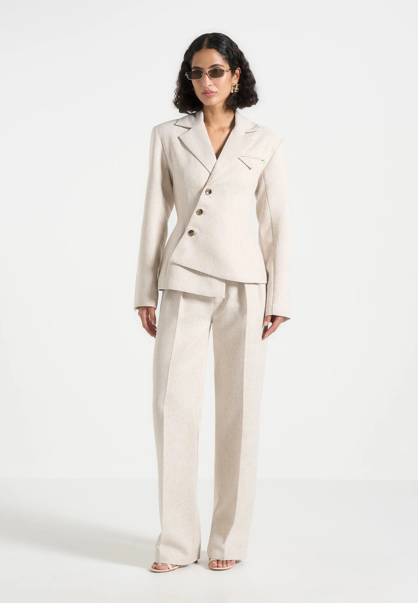 Thalia - Tailored Asymmetric Double Breasted Blazer - Light Beige Water resistant coating Smart Appearance