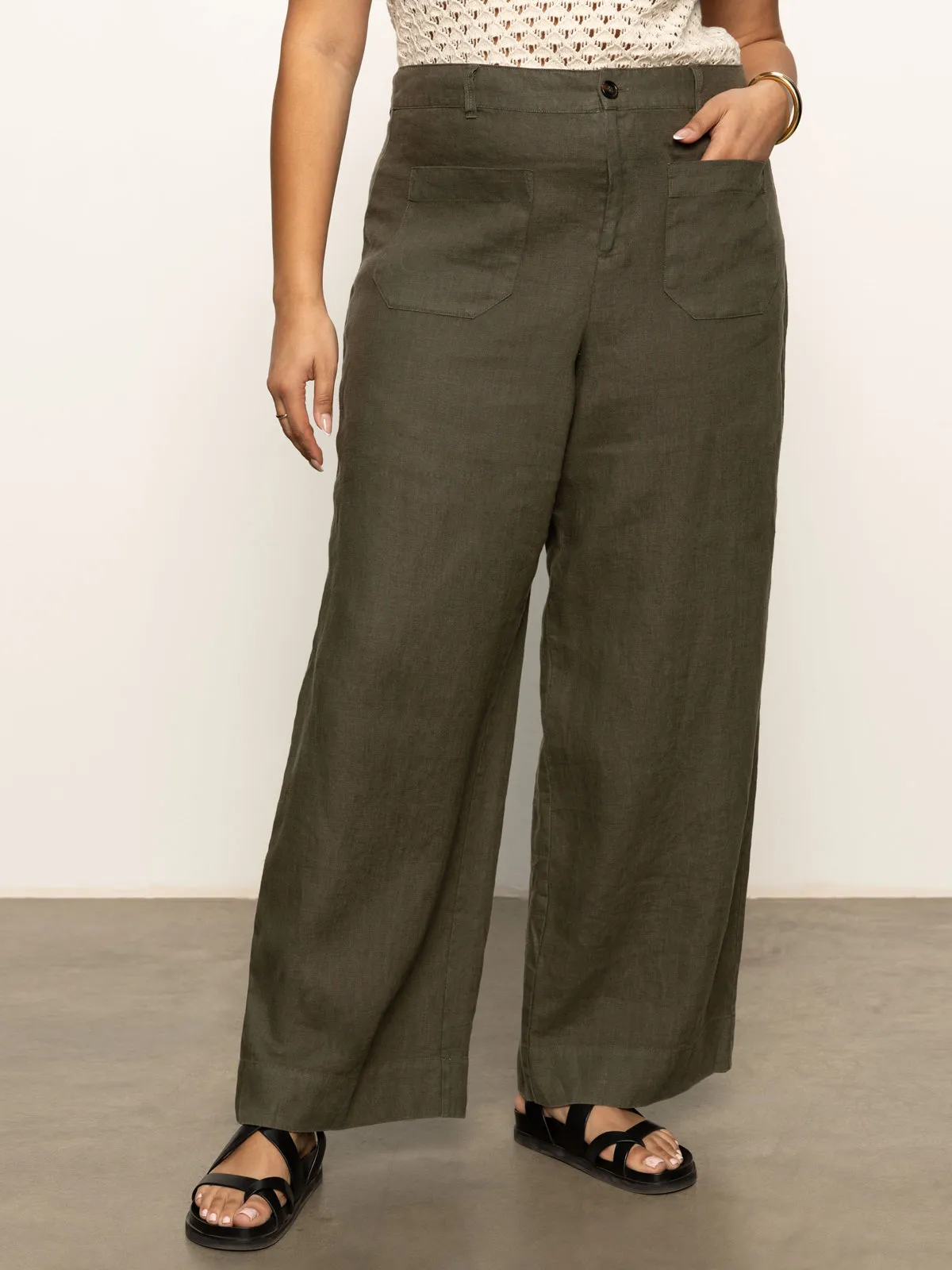 The Linen Marine Wide Leg Semi-High Rise Pant Kalamata Extended Sizing Layered Look