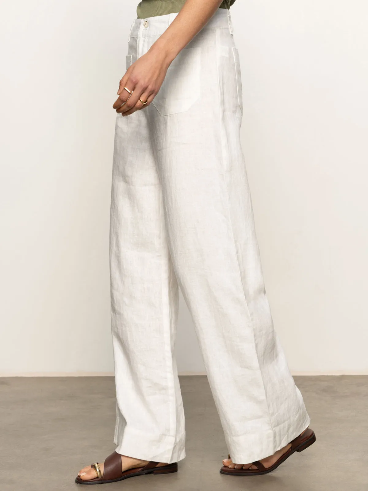 The Linen Marine Wide Leg Semi-High Rise Pant White Beach Ready