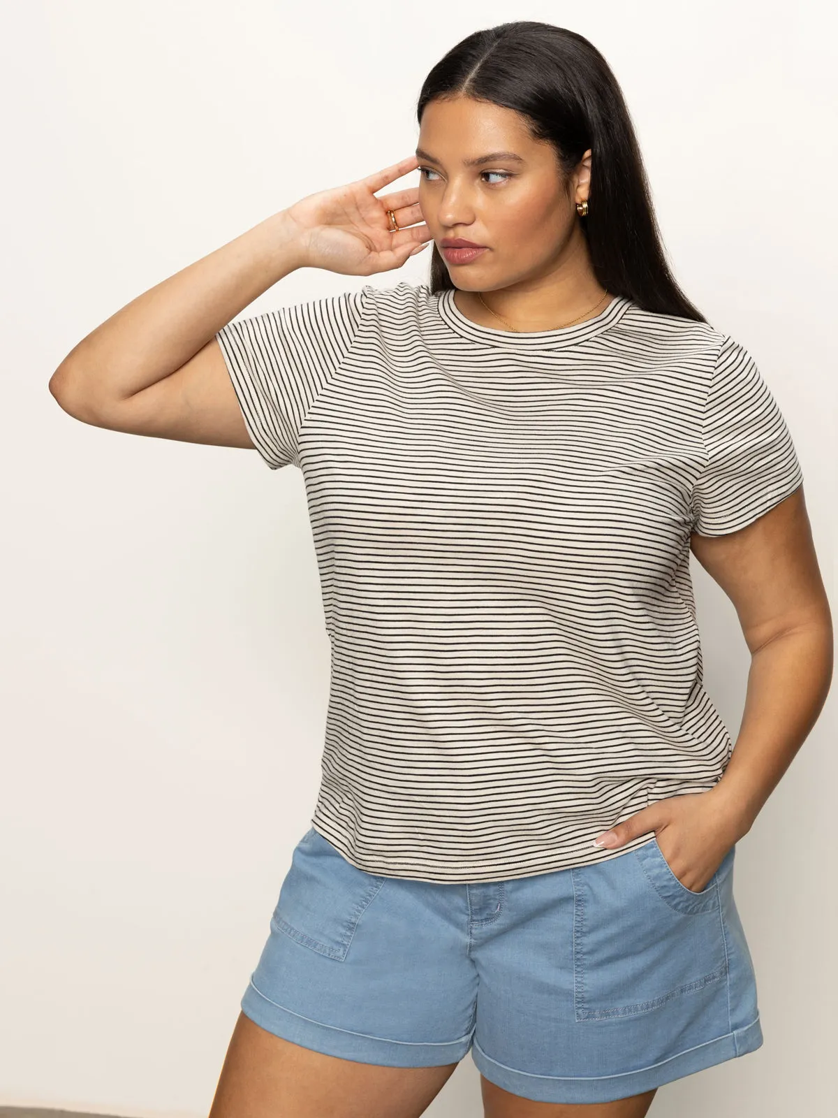 The Perfect Tee Pumice Stone / Black Stripe Extended Sizing Water Based Ink Everyday Wearable