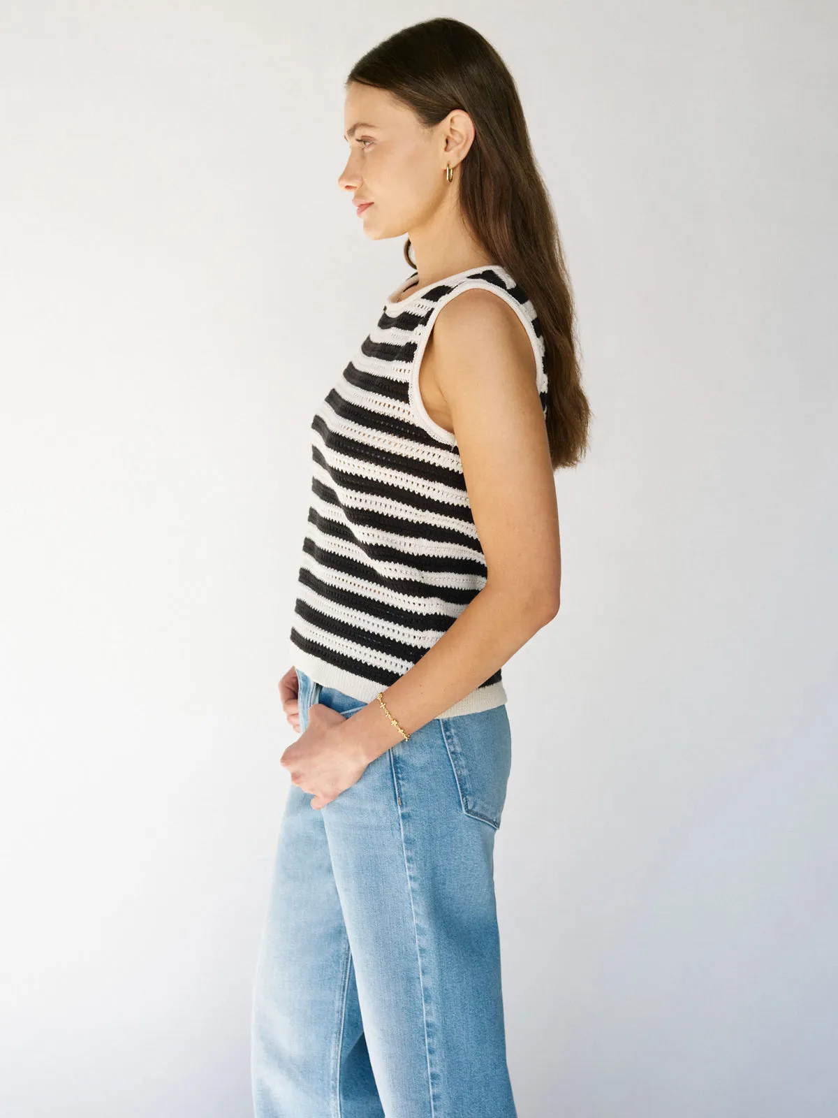 Cooling Effect Swim Crochet Shell Sweater Chalk Black Stripe