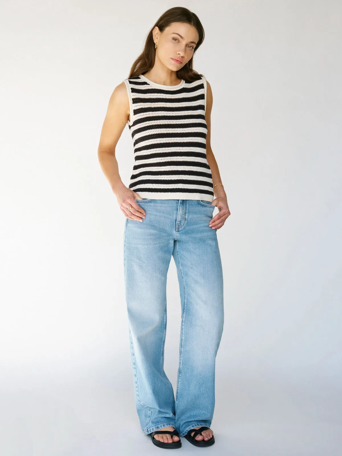 Crochet Shell Sweater Chalk Black Stripe PreWashed