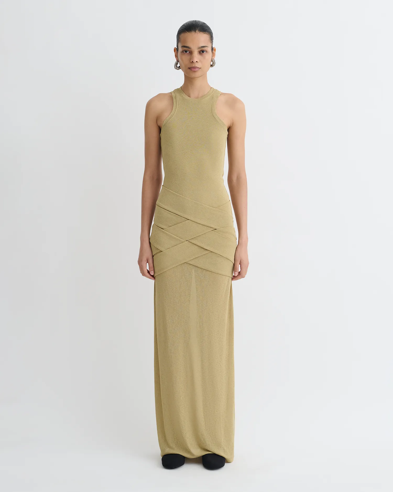 Arisa - Draped Mesh Jersey Maxi Dress - Sand Minimalist Silhouette Cut ConvertibleCollarSystem