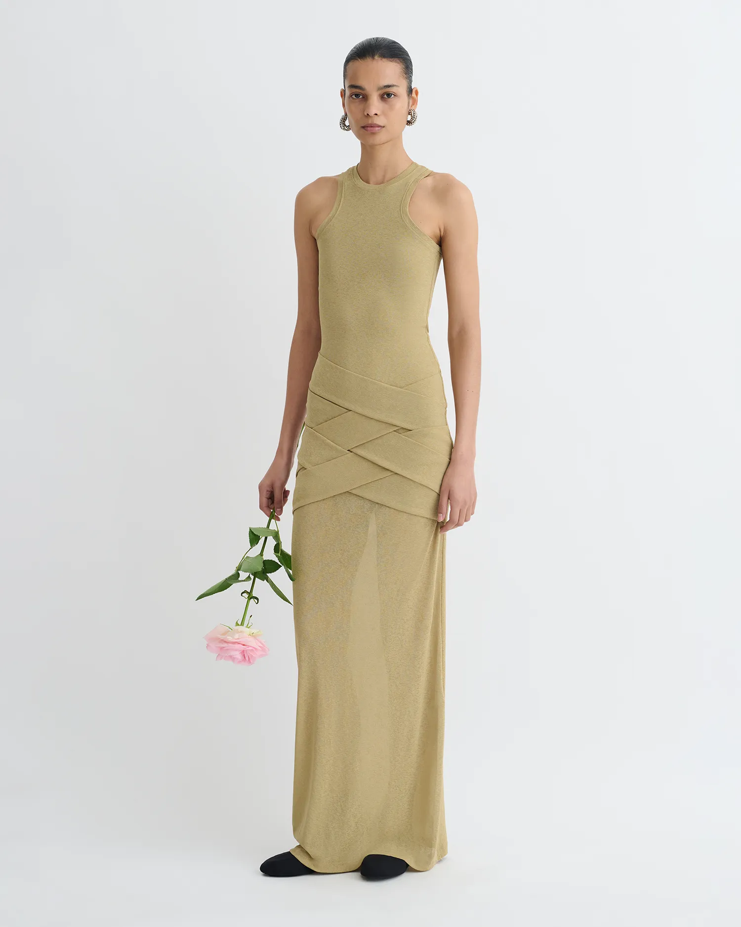 Minimalist Aesthetic NeutralPalette Arisa - Draped Mesh Jersey Maxi Dress - Sand