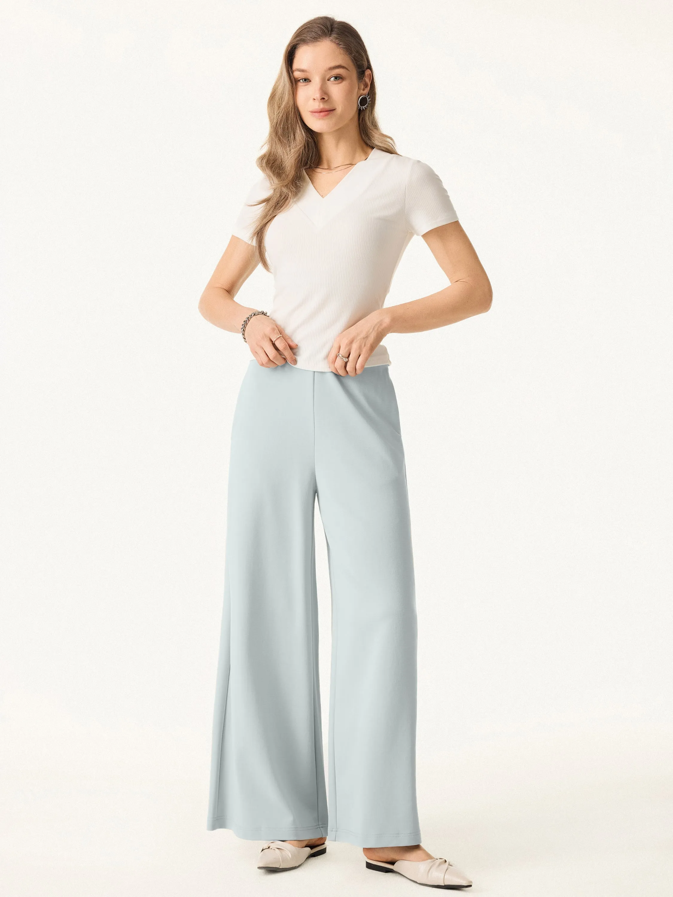 Wrinkle-Resistant Mid Rise Wide Leg Pull-on Pants with Pockets Casual Comfort Fit