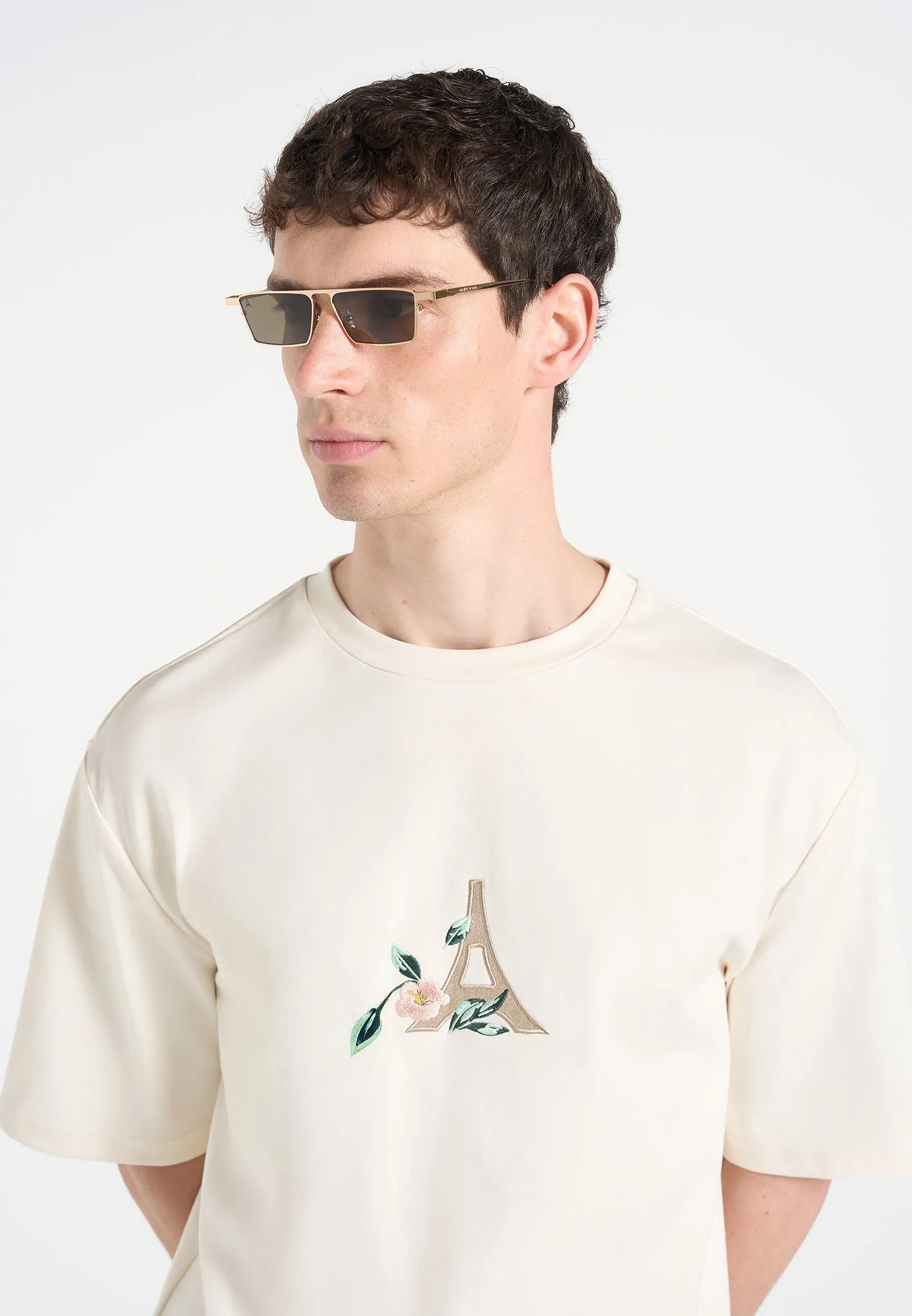 Premium Quality Thierry - Floral Eiffel Cotton T-Shirt - Cream