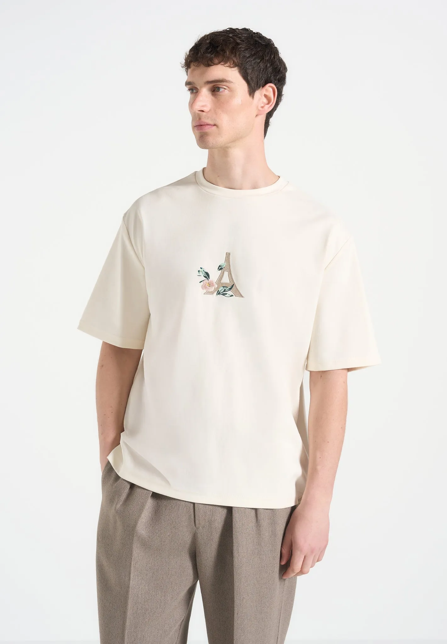 Thierry - Floral Eiffel Cotton T-Shirt - Cream Contrast Stitch Smooth Cotton Blend