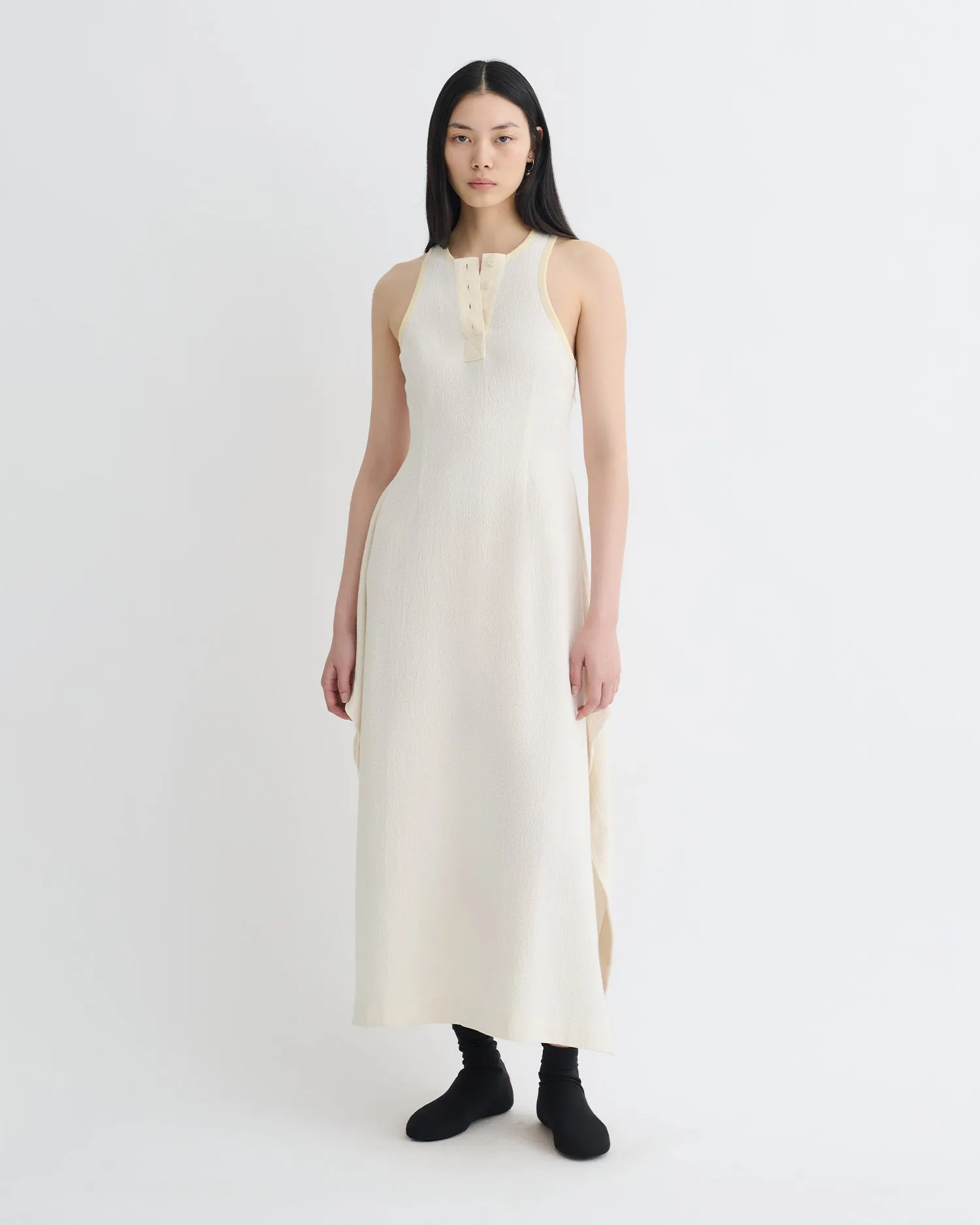 Thoosa - Draped Crepe Melange Midi Dress - Creme Overlock Edging Relaxed Design