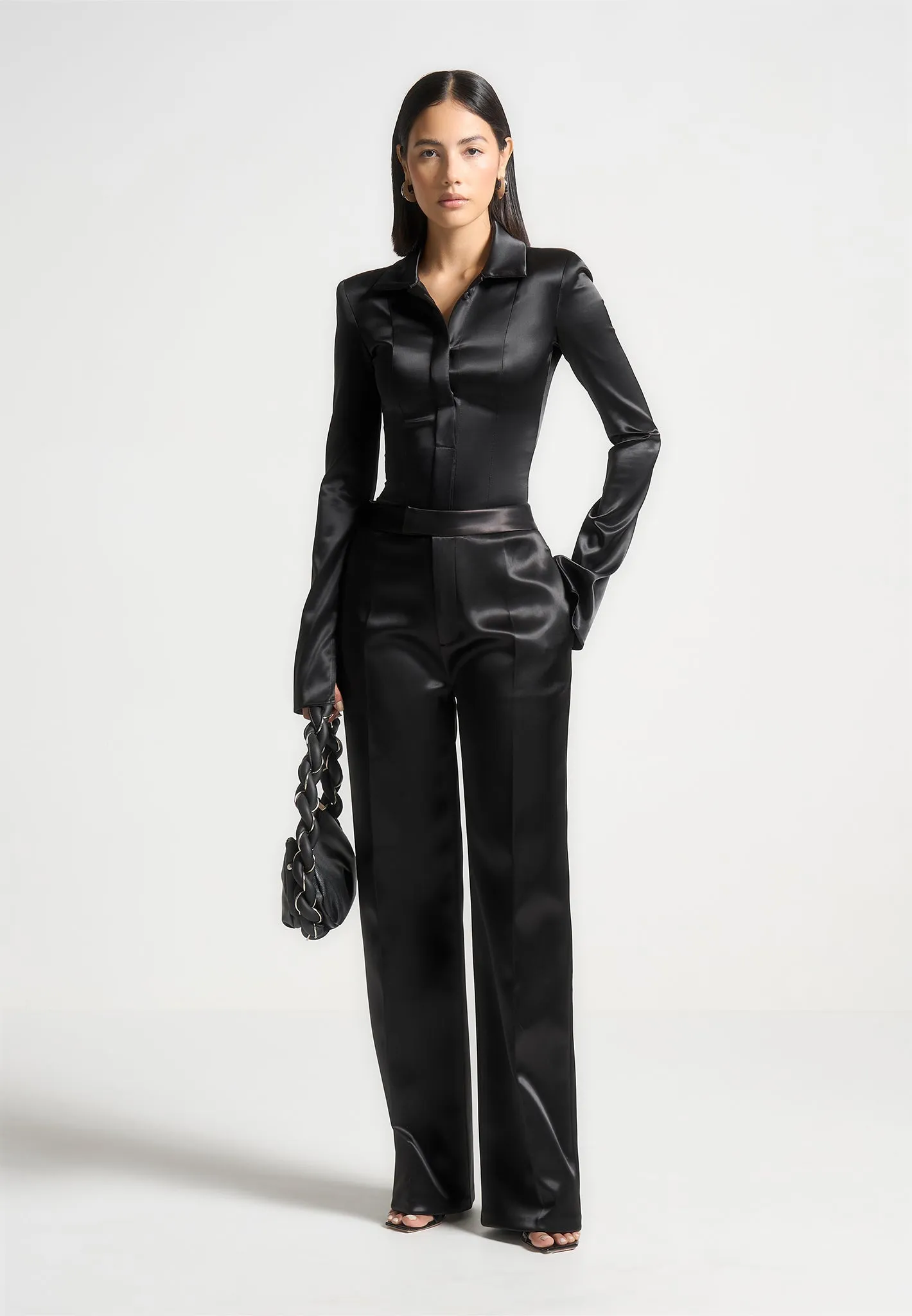 Casual and cool Louise - Wide Shoulder Satin Shirt Bodysuit - Black