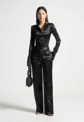 Louise - Wide Shoulder Satin Shirt Bodysuit - Black Stylish Comfort Relaxed Outfit