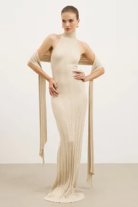 Fine Knit Gathered Halter Neck Maxi Dress - Champagne Shimmer Comfortable and breathable