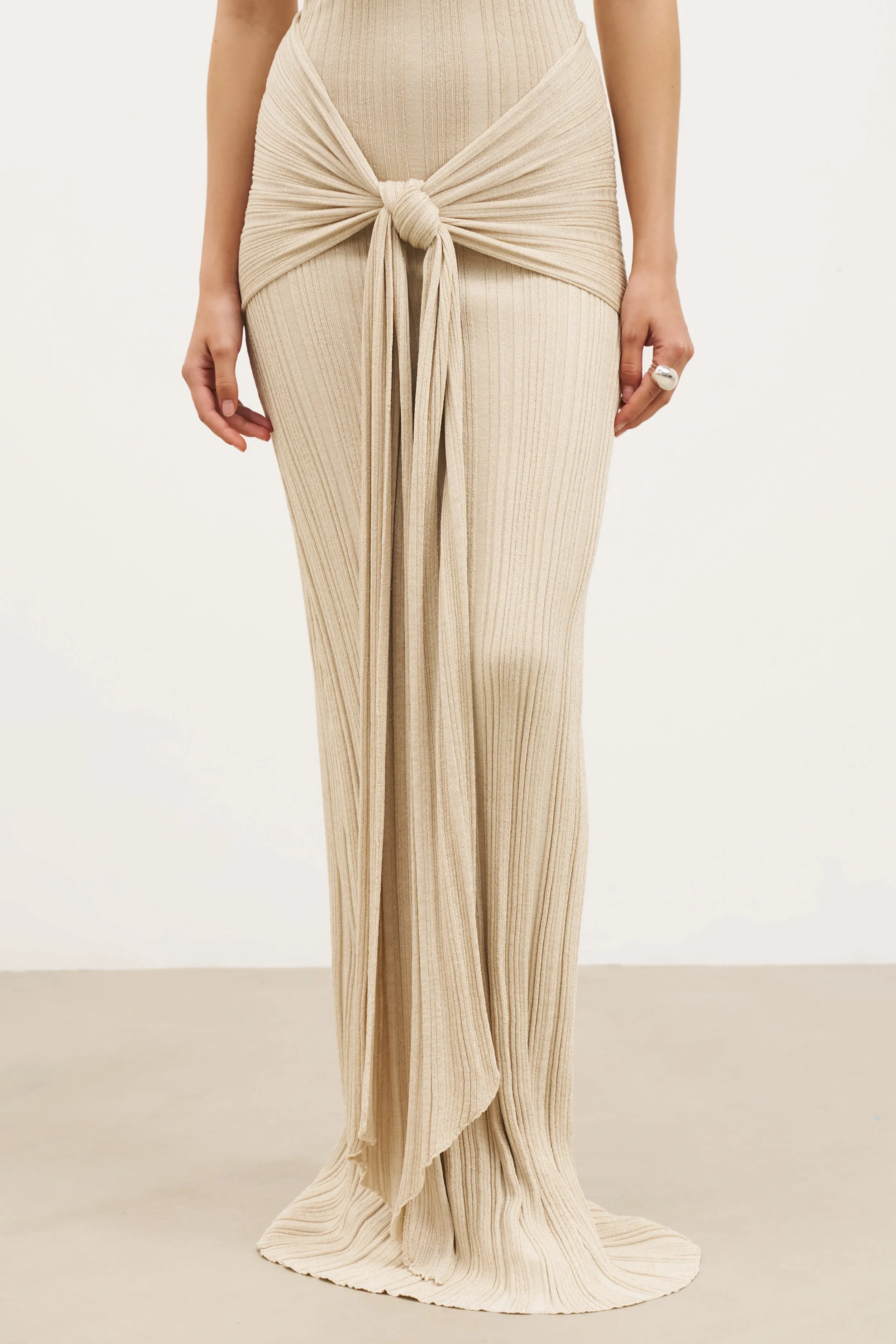 Balanced Tone Soft and Light Fine Knit Gathered Halter Neck Maxi Dress - Champagne Shimmer