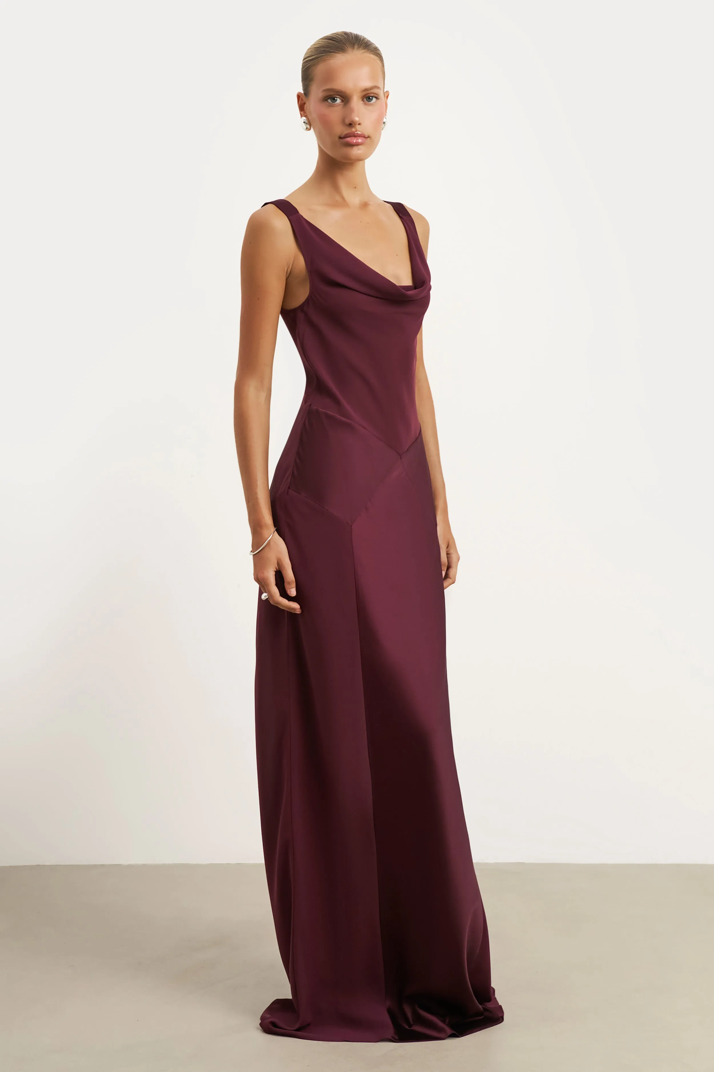 Cowl Neck Satin Panel Gown - Mulberry Airy Silk