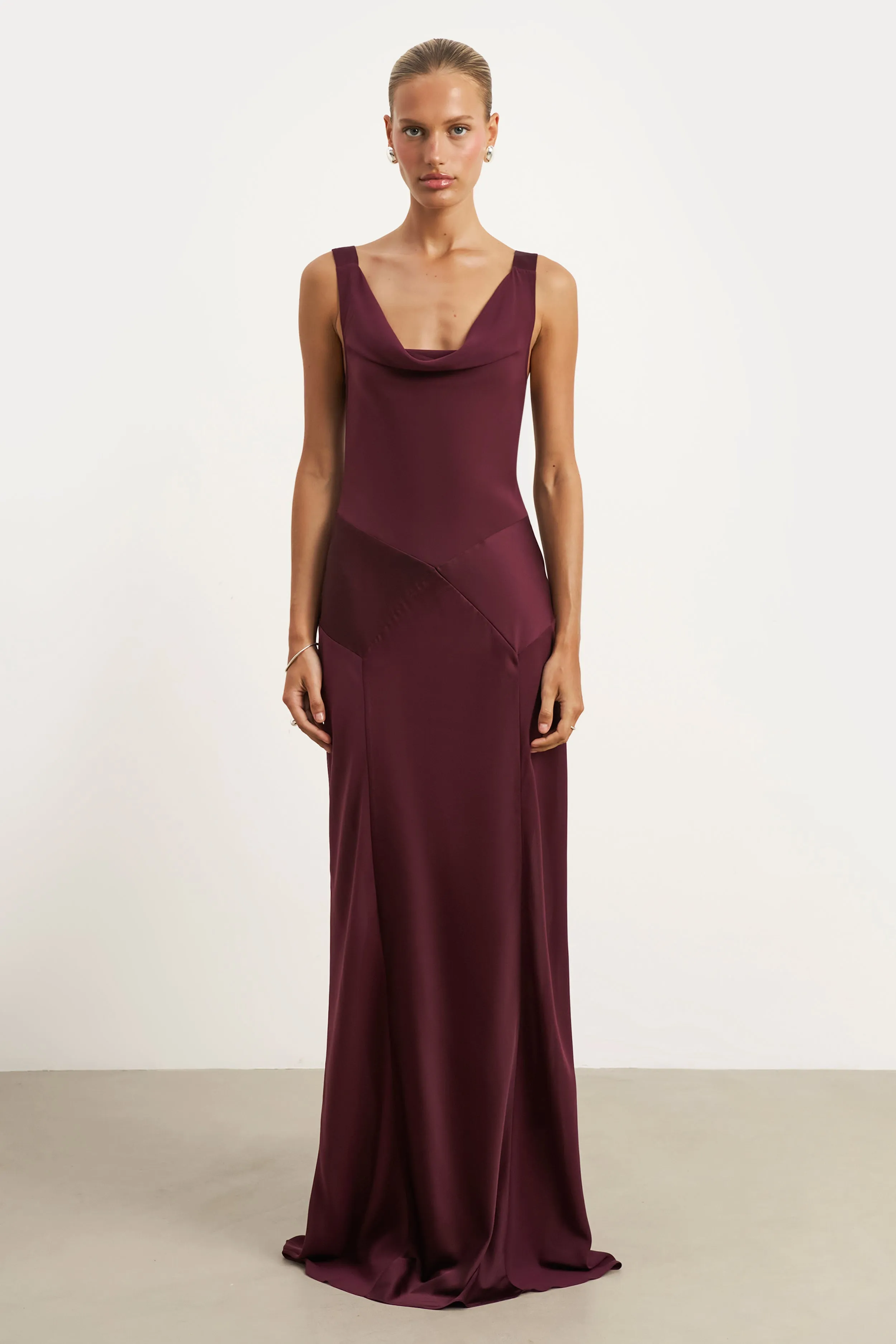 ReinforcedHem Radiant Mood Cowl Neck Satin Panel Gown - Mulberry