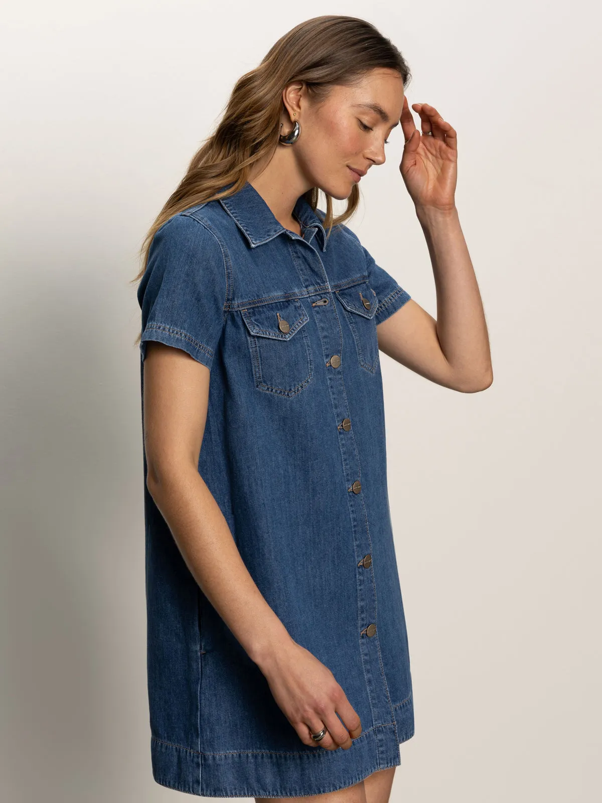 Sandblasted Details Denim Shiftdress Medium Wash