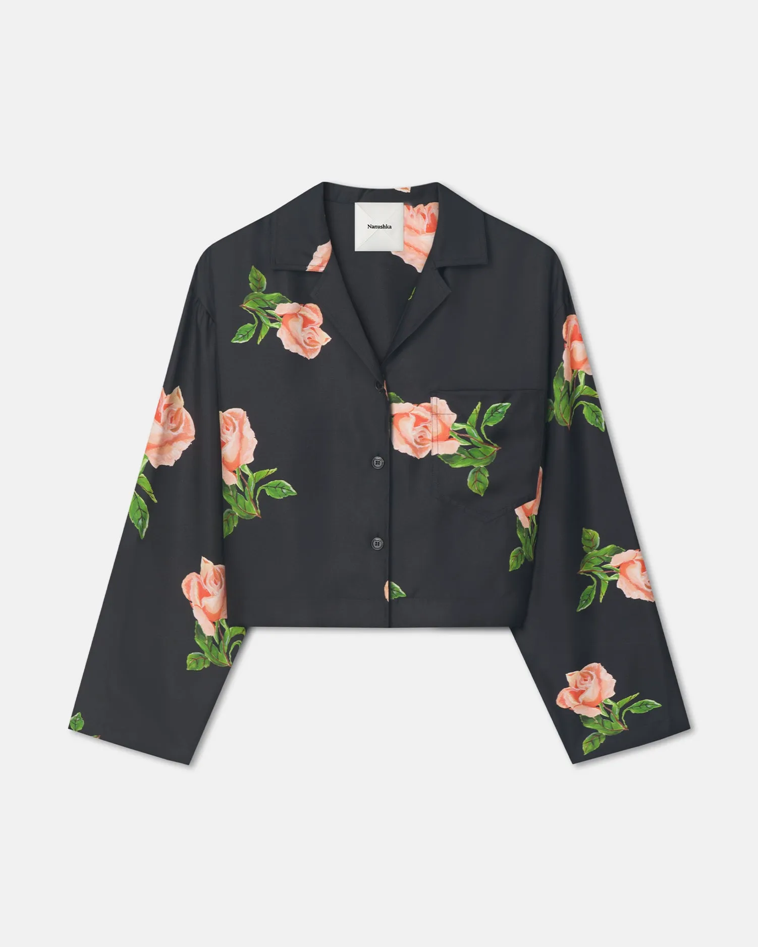 Vally - Cropped Silk Twill Shirt - Off Black/Roses SlimFitAdaptation Casual Pullover