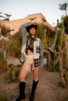 Self Fabric Tie Mystic Stripe Plaid Shacket