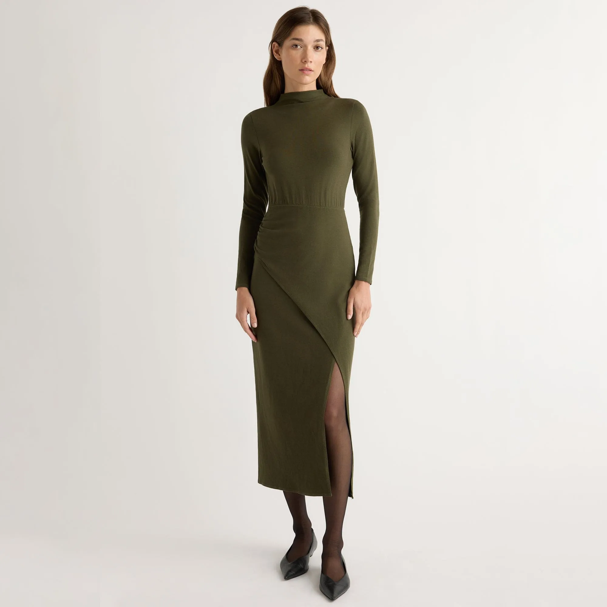 Suki Mock-Neck Side-Slit Dress Asymmetrical hem