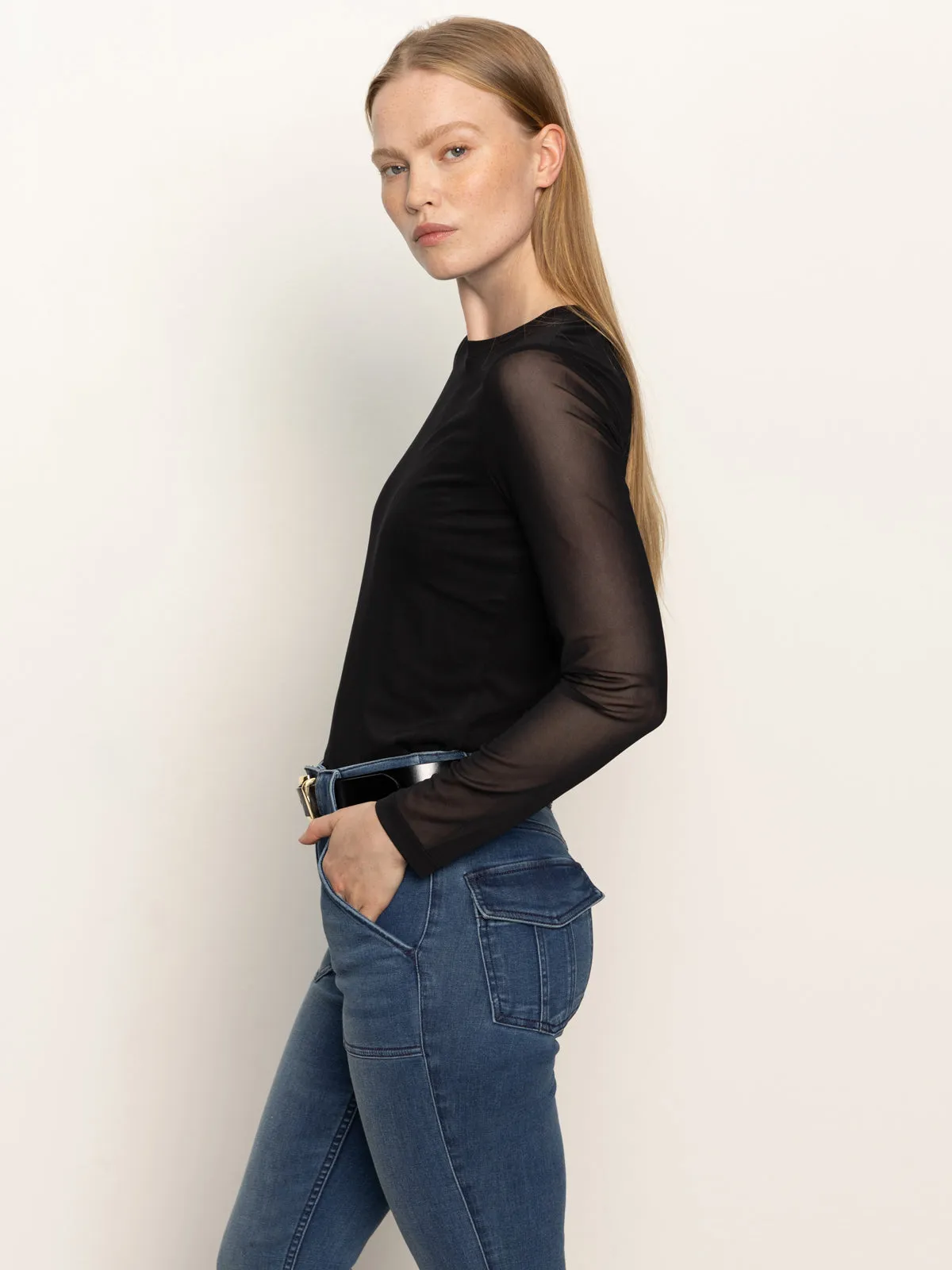 Long Sleeve Perfect Mesh Tee Black Simple Shirt