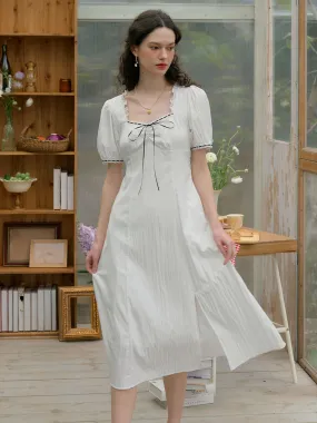 Edith Square Neck Contrast Bow Puff Sleeves Slit Hem Dress Classic Layer Fresh Palette