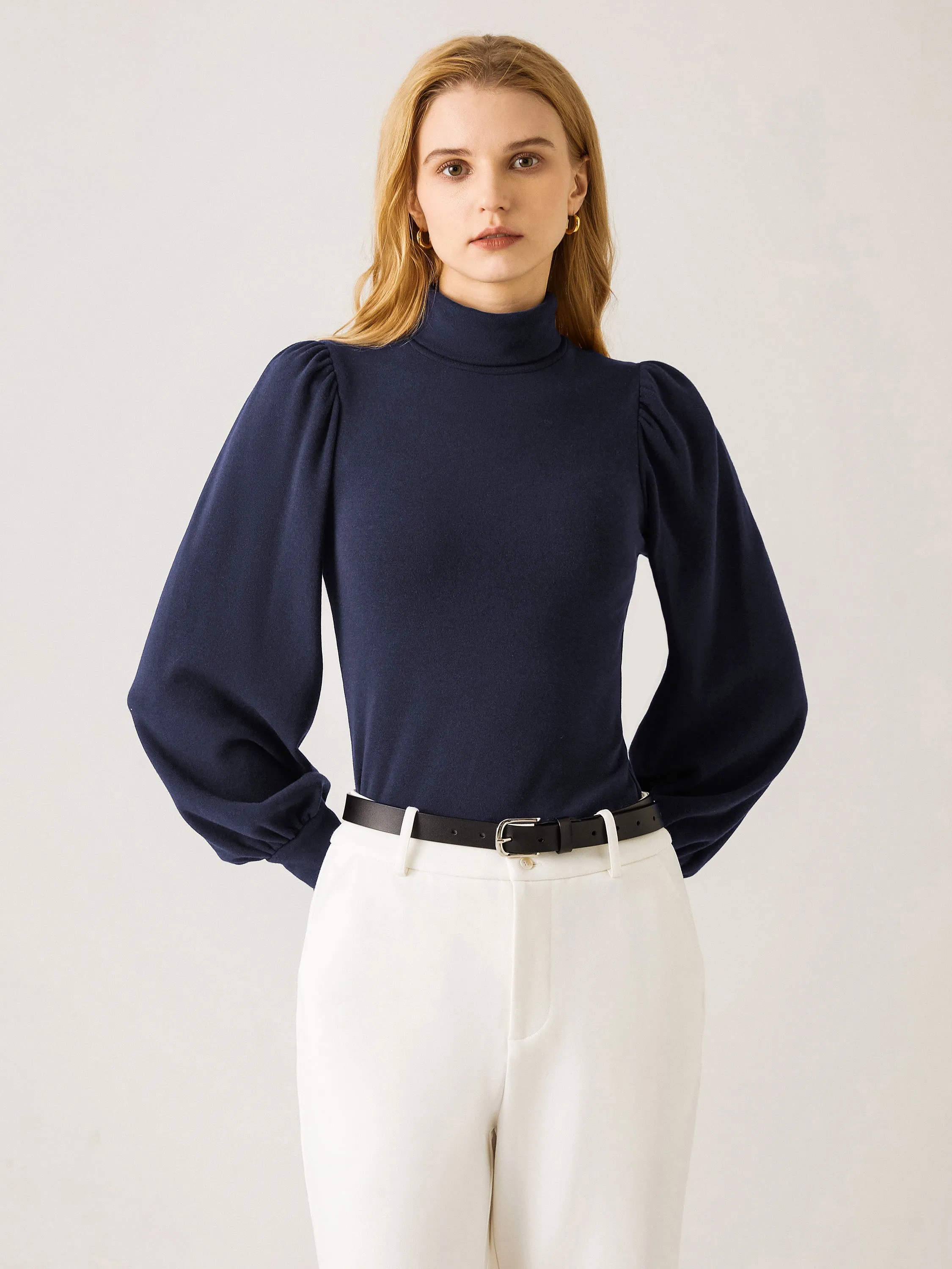BreathableMeshPanel Turtleneck Puff Sleeve Top