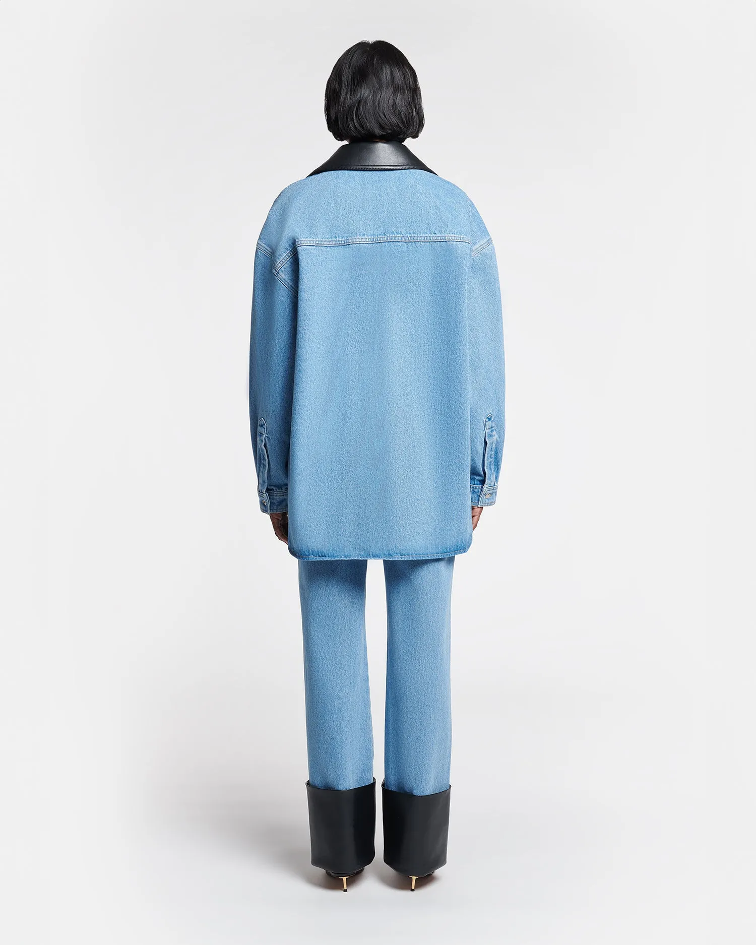 silk blend Beaux - Leather-Trimmed Denim Shirt - Mid Blue