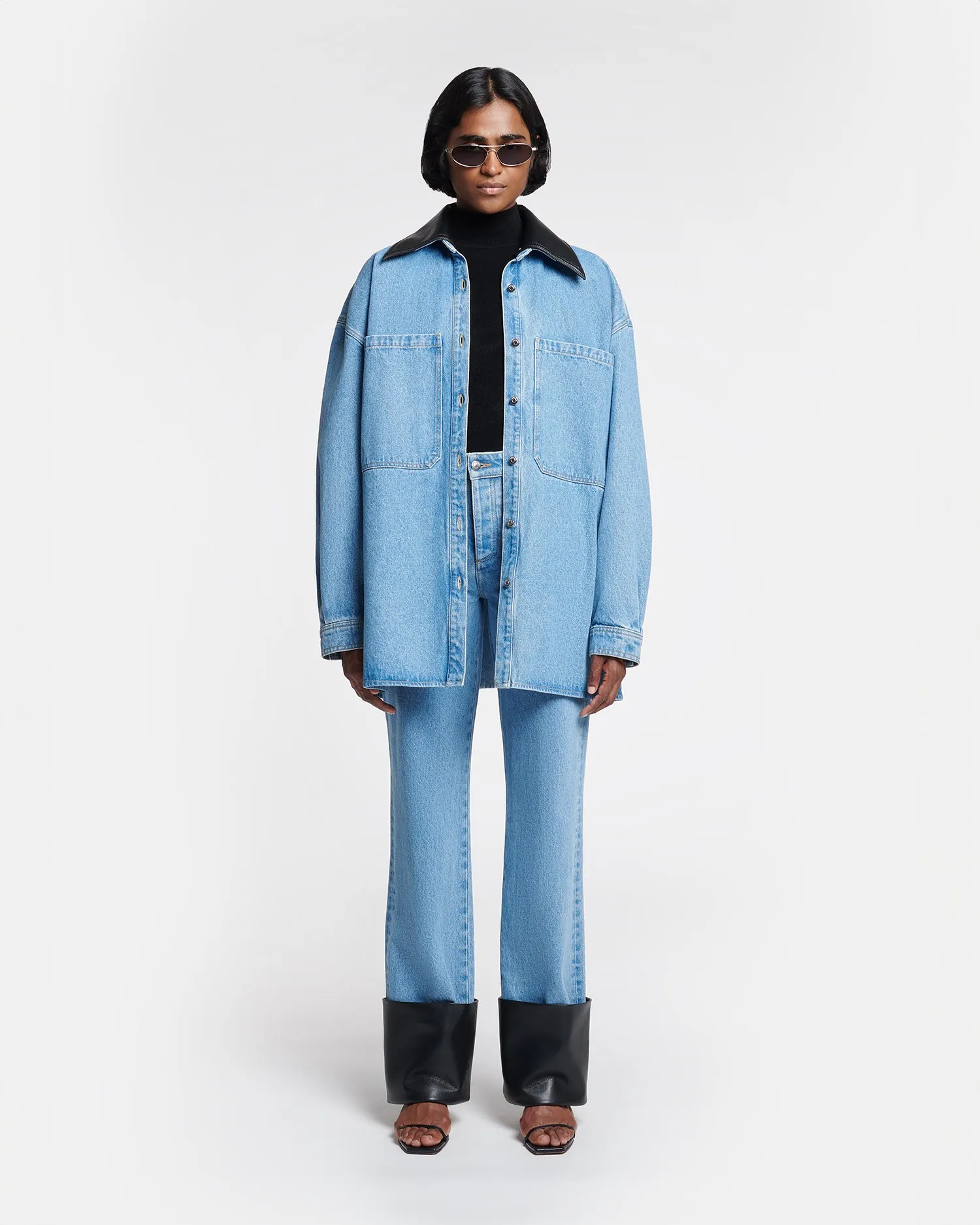 Beaux - Leather-Trimmed Denim Shirt - Mid Blue spandex blend Anti Static Technology