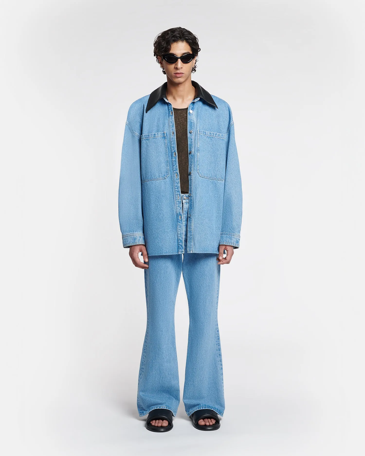 Beaux - Leather-Trimmed Denim Shirt - Mid Blue FullZipClosure