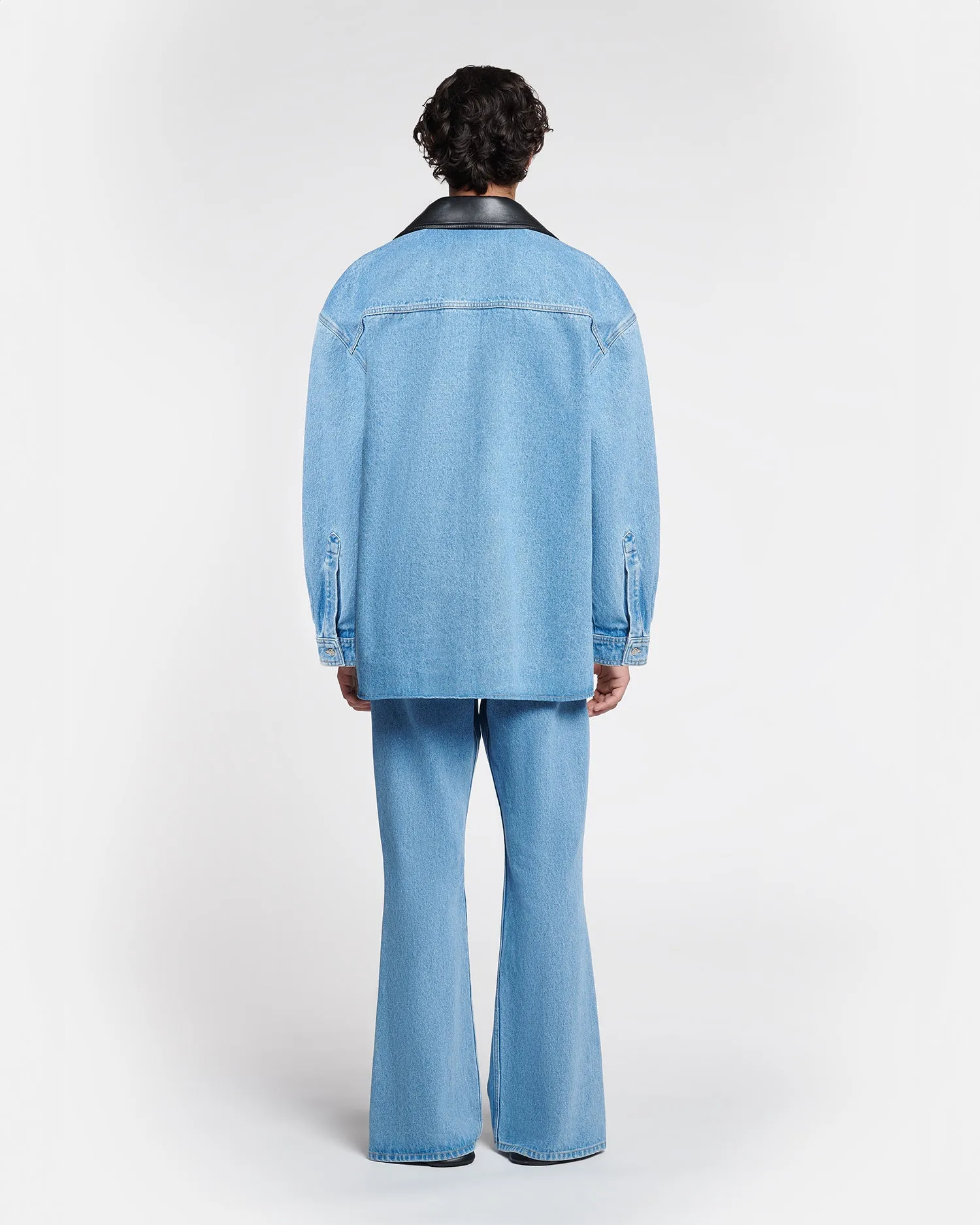 Beaux - Leather-Trimmed Denim Shirt - Mid Blue Workout Gear