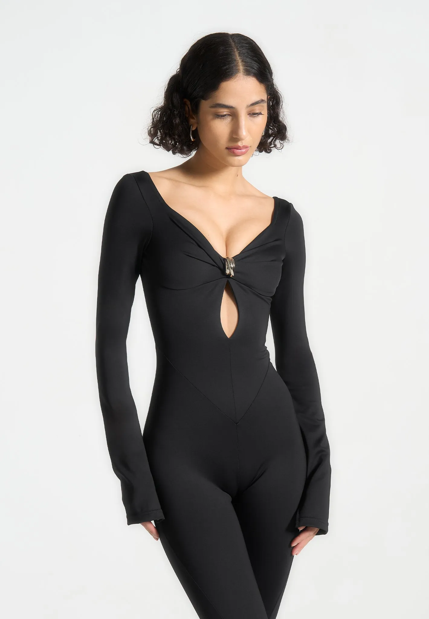 Reflective Accent Trim Casual Pullover Twisted Bust Off Shoulder Jumpsuit - Black