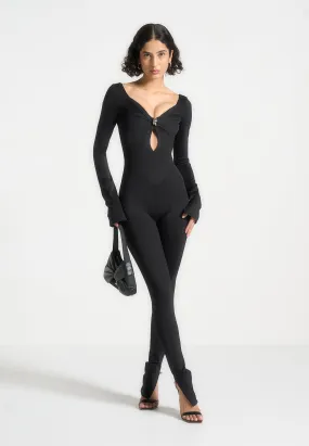 Twisted Bust Off Shoulder Jumpsuit - Black ZipperedPockets Wrinkle Resistant Texture