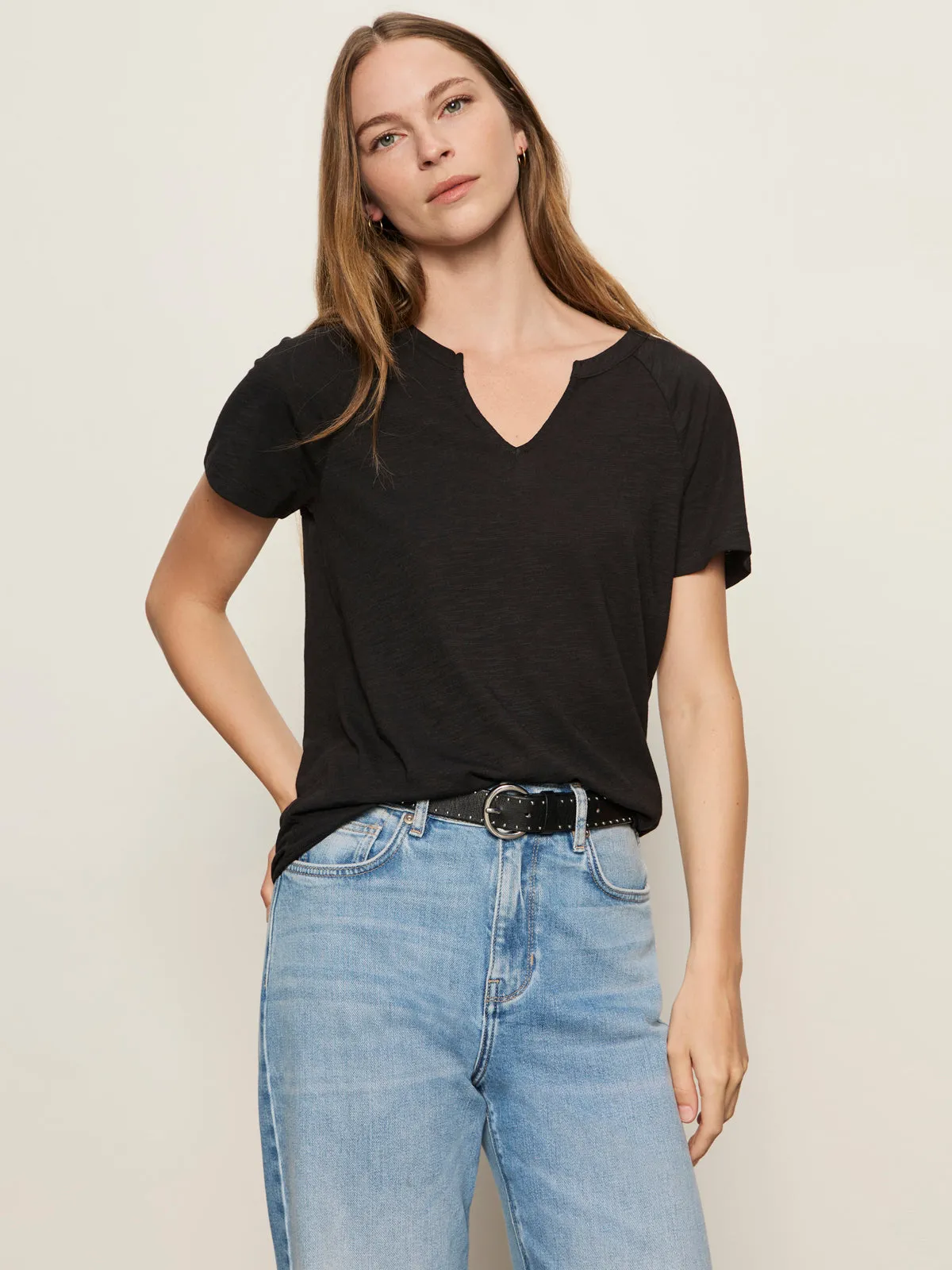 Notch Neck Tee Black Lightweight Fabric