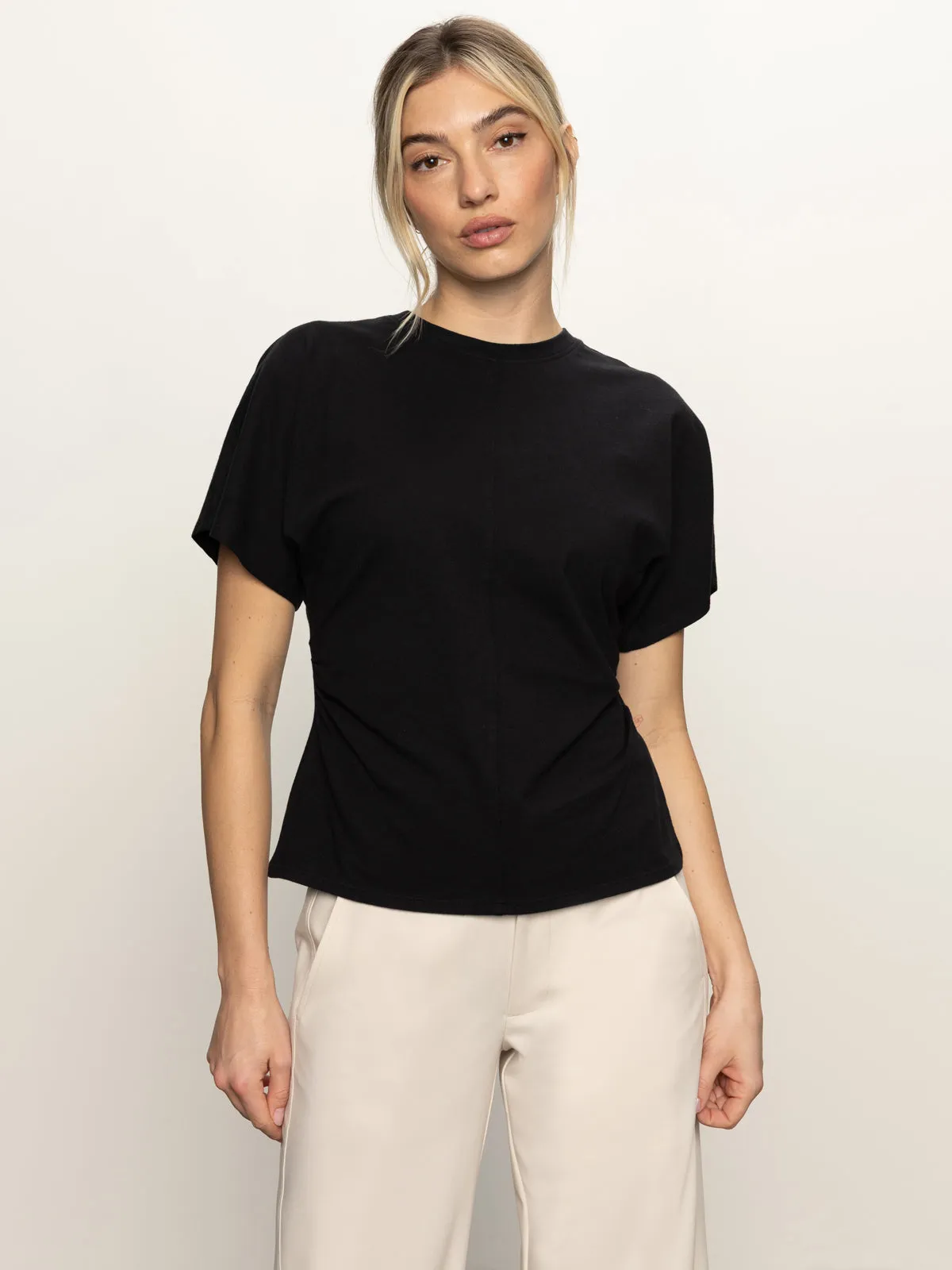 Shirred Waist Dolman Tee Black Reflective accents