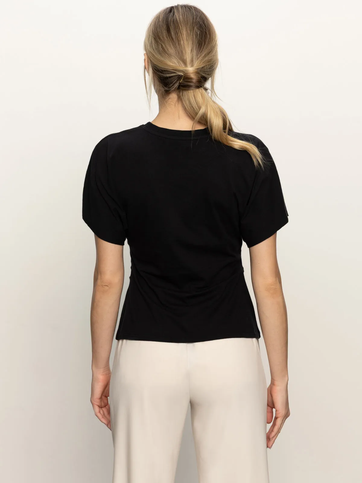 Shirred Waist Dolman Tee Black Contrast Stitch Detail MultiFunctional Pocket Placement