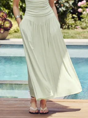 Ultrasoft V-shape Waist Gathred Maxi Circle Skirt with Pockets Stretch Comfort Weekend Ready