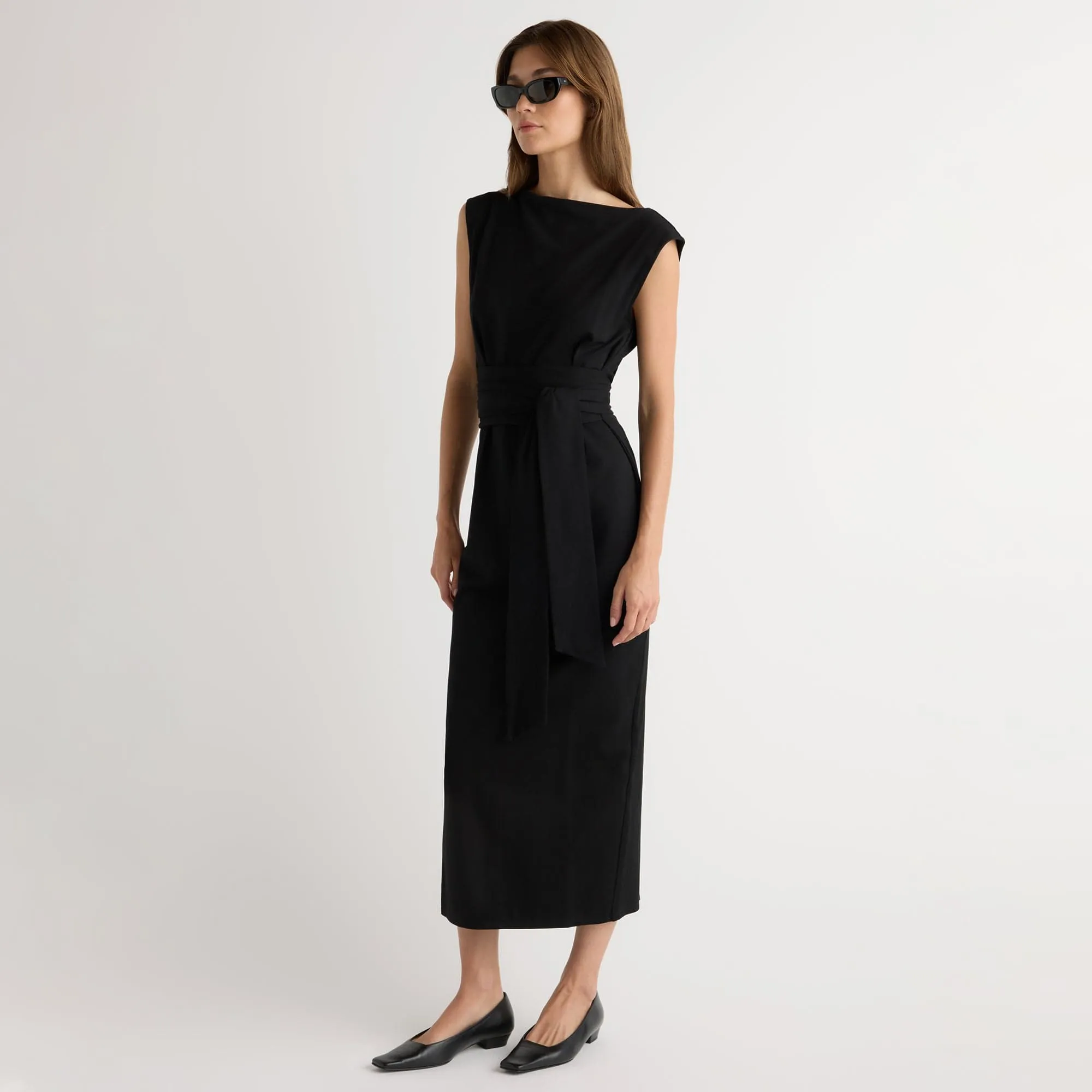 Edina Tie-Front Slit-Neck Dress Smooth Drape