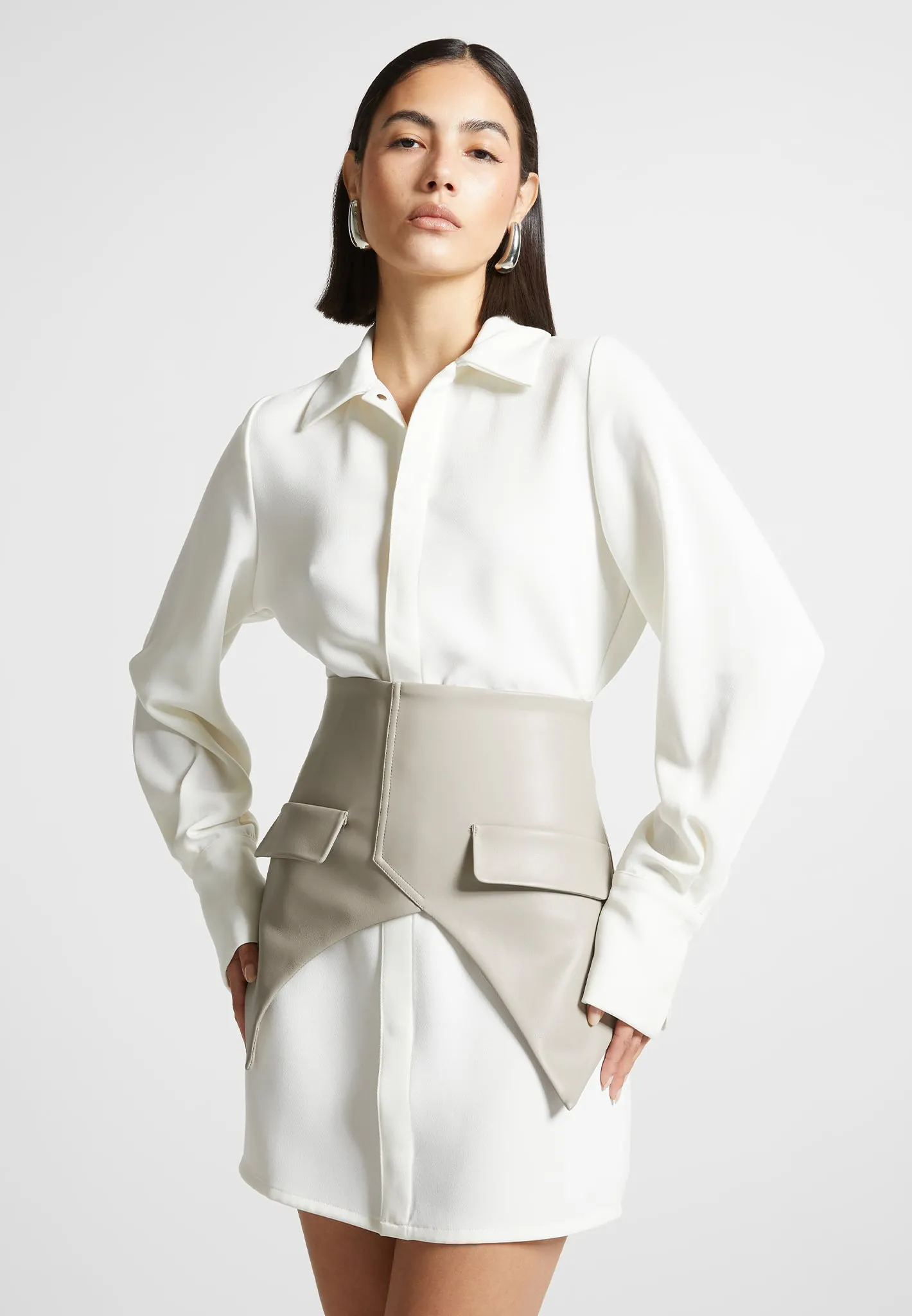 Love Blend Elegant Wearable Corset Shirt Dress - White/Beige