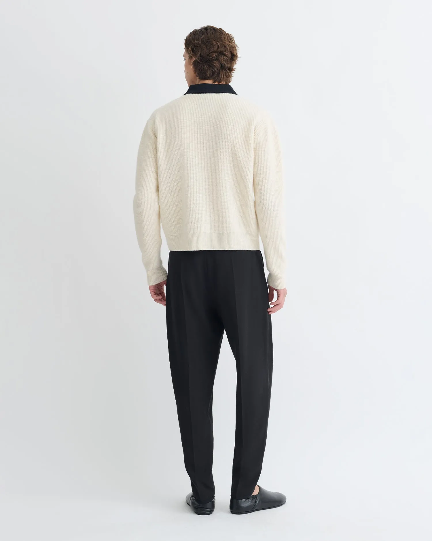 Cozy Texture Gregor - Merino and Terry Polo Sweater - Vintage Creme/Black