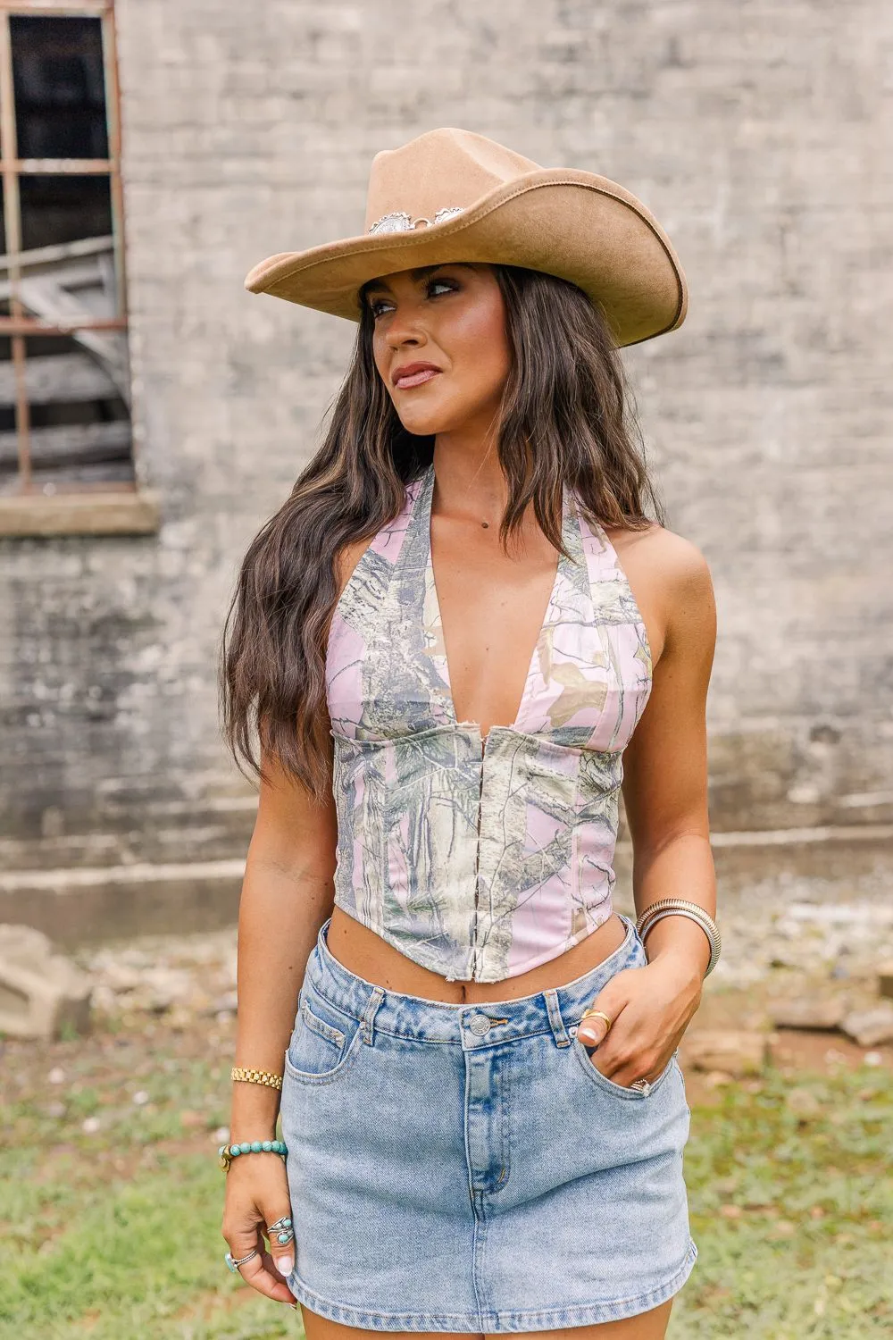 Urban Camo Corset Top- Pink Reflective Detailing