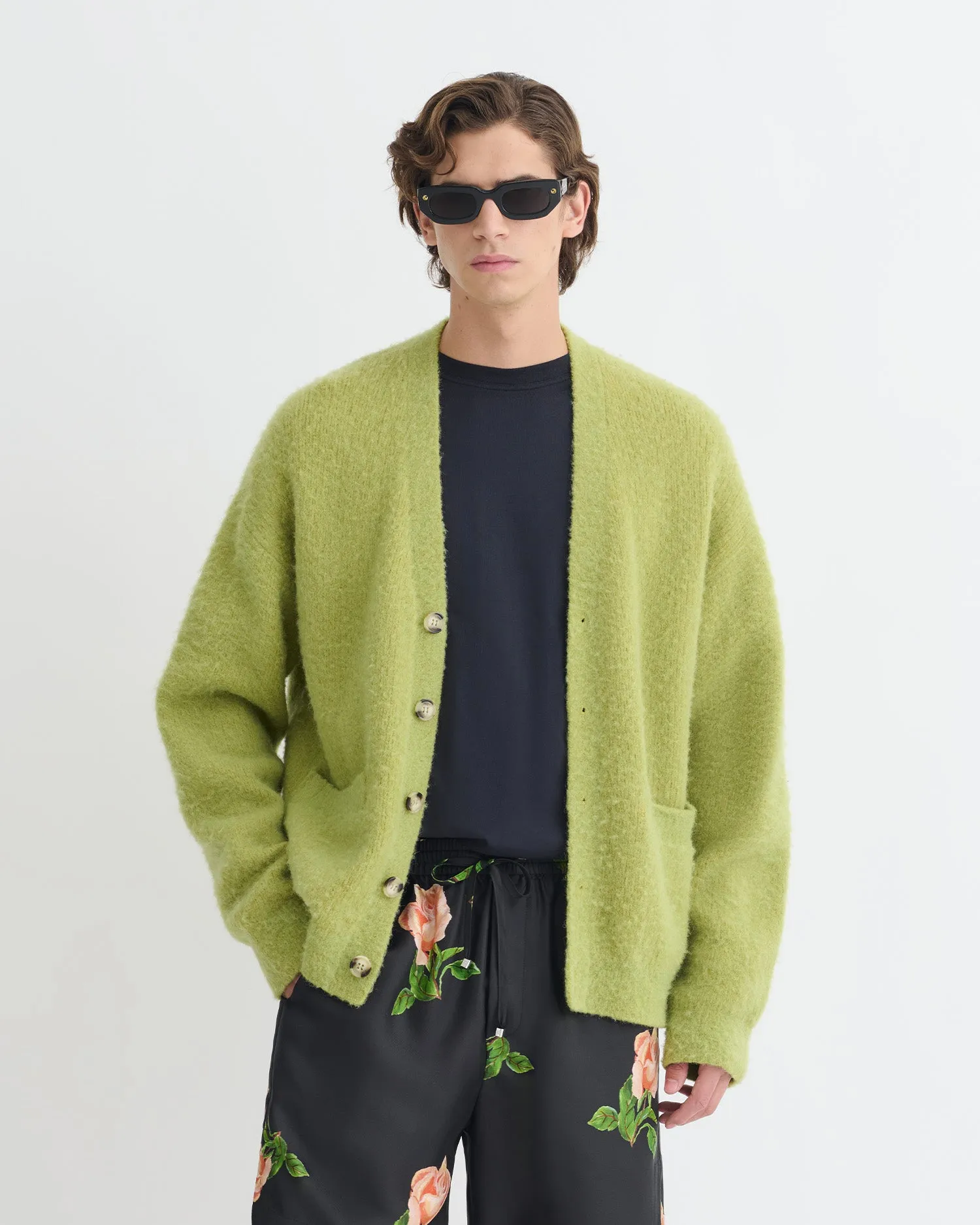 Tubular Knit Structure Henri - Brushed Alpaca Cardigan - Green