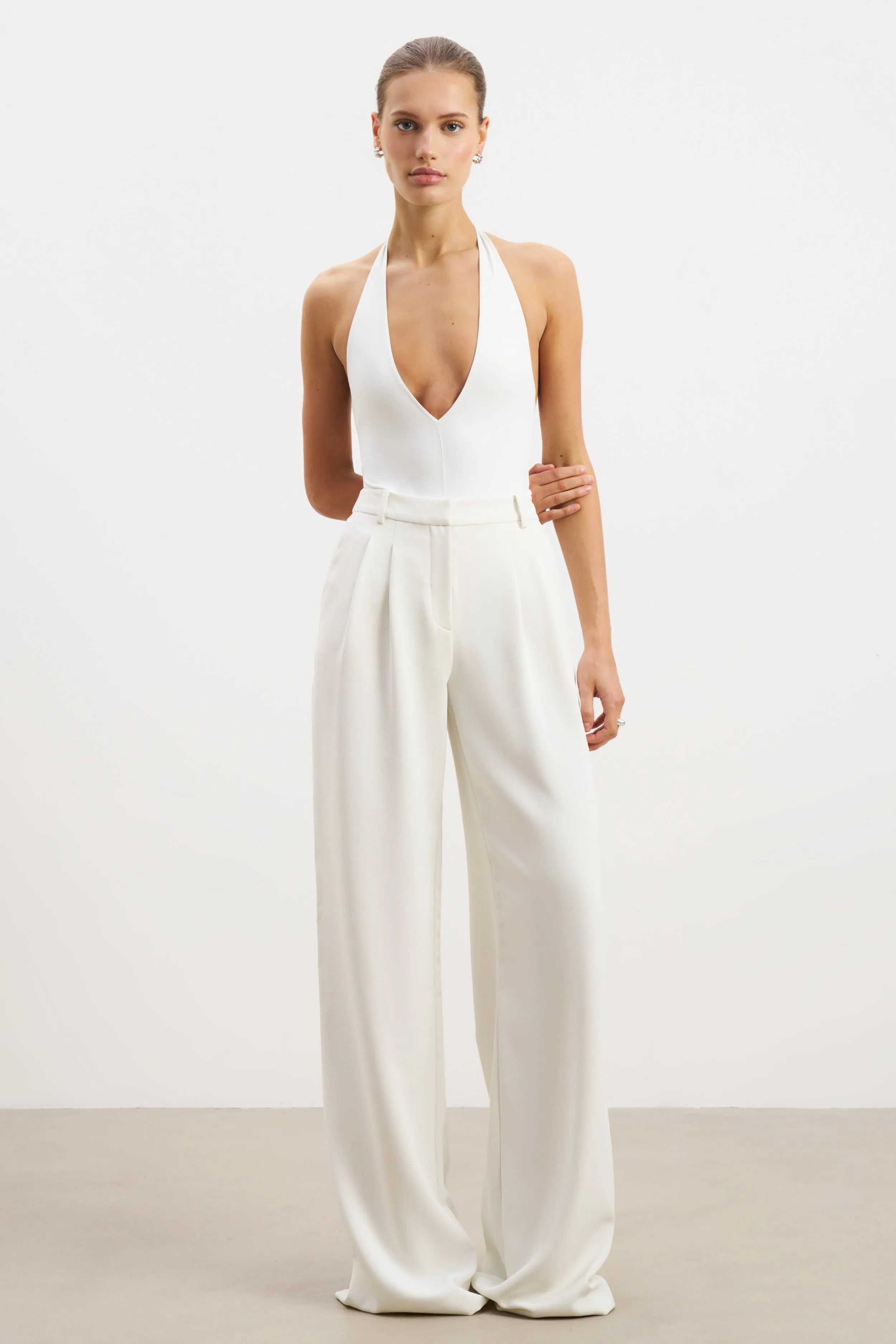 V Neck Plunge Bodysuit - White Garment Dyed Finish