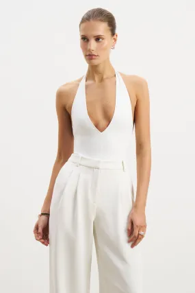 V Neck Plunge Bodysuit - White Reinforced Hems RibbedNeckline