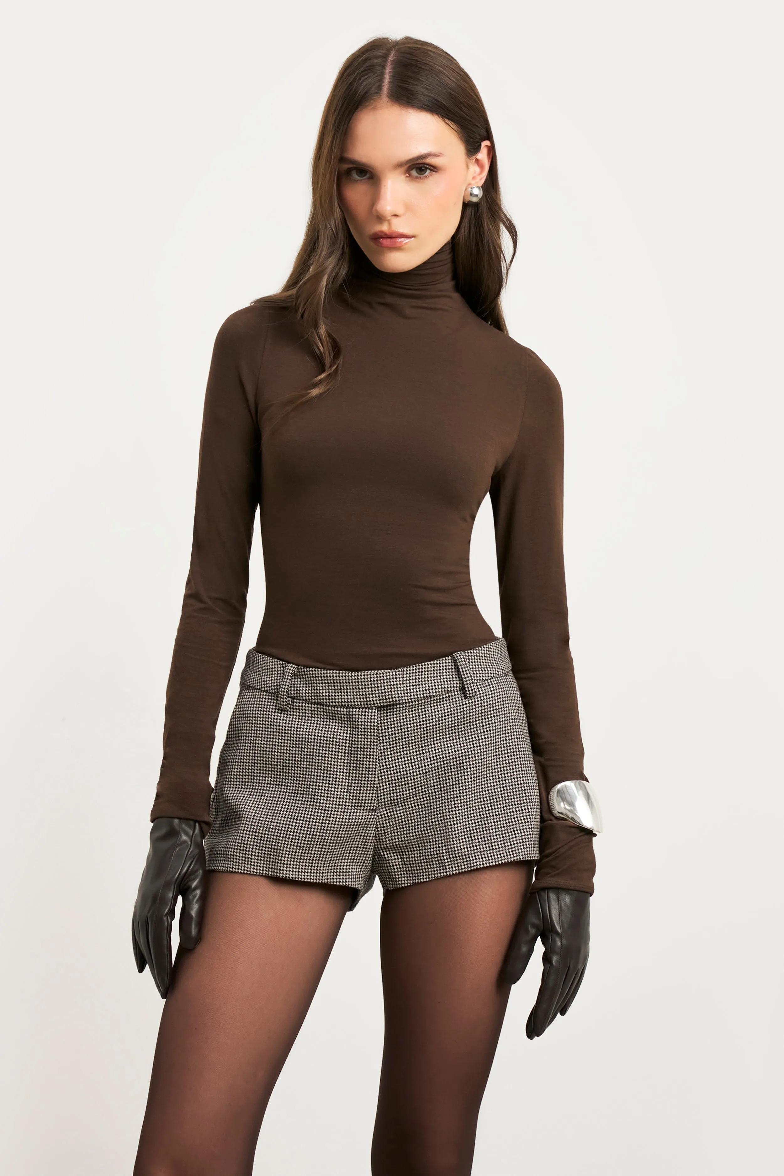 Flame Retardant Coating Eco Friendly Material Tailored Mid Rise Micro Shorts - Houndstooth